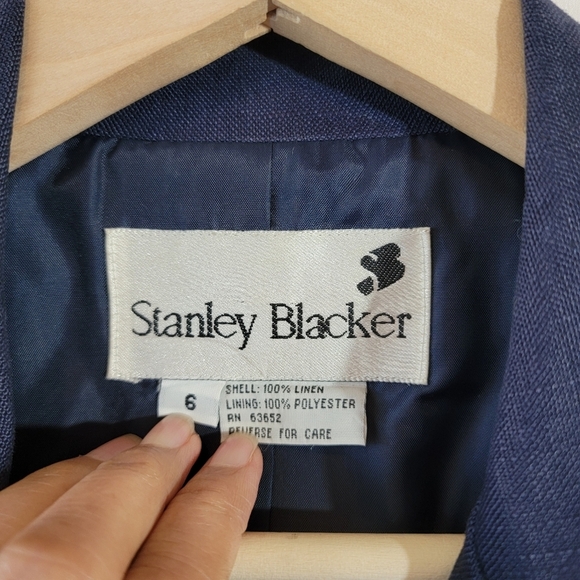 VTG Stanley Blacker Women Navy Blue 100% Linen Double Breasted Blazer 6 Crest - Picture 10 of 12